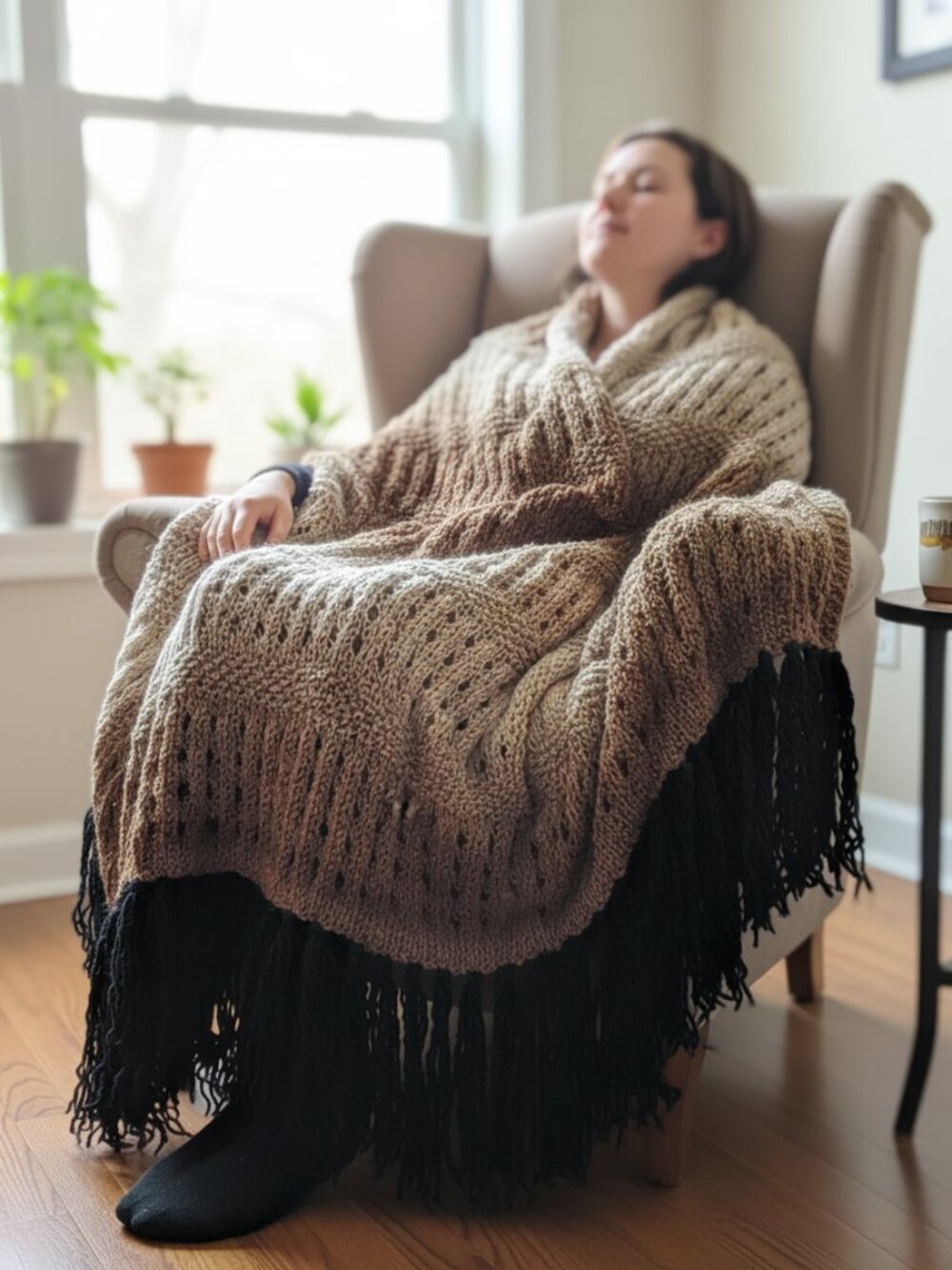 NEW Brown Beige Ombre Handmade Knitted Afghan Farmhouse Decor Gift cottage